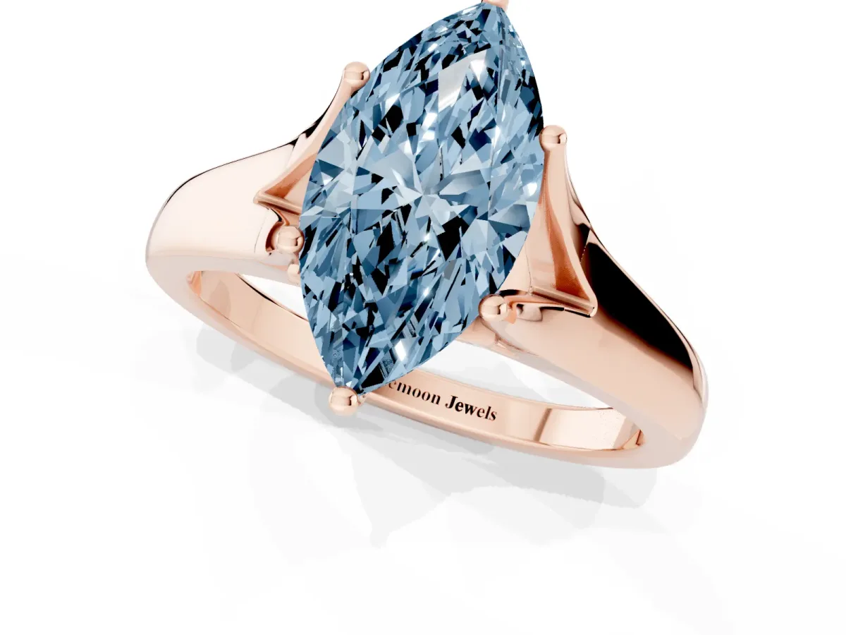 Fancy Blue Marquise Cut Solitaire Diamond Ring with Cathedral Band and Four-Prong Setting Rose gold