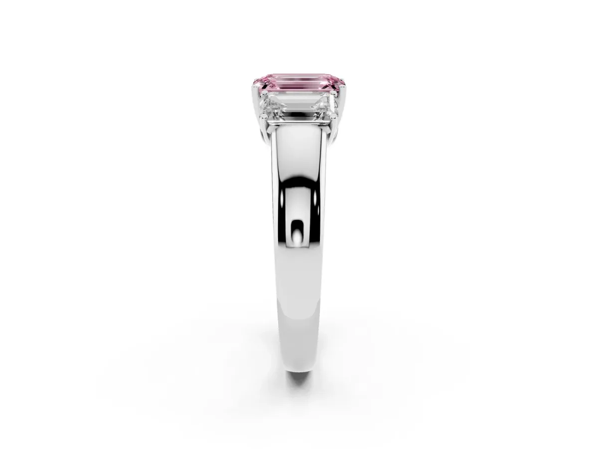 Fancy Pink Three-Stone Emerald Cut Cut Diamond Ring with Prong Setting and Classic Band Platinum