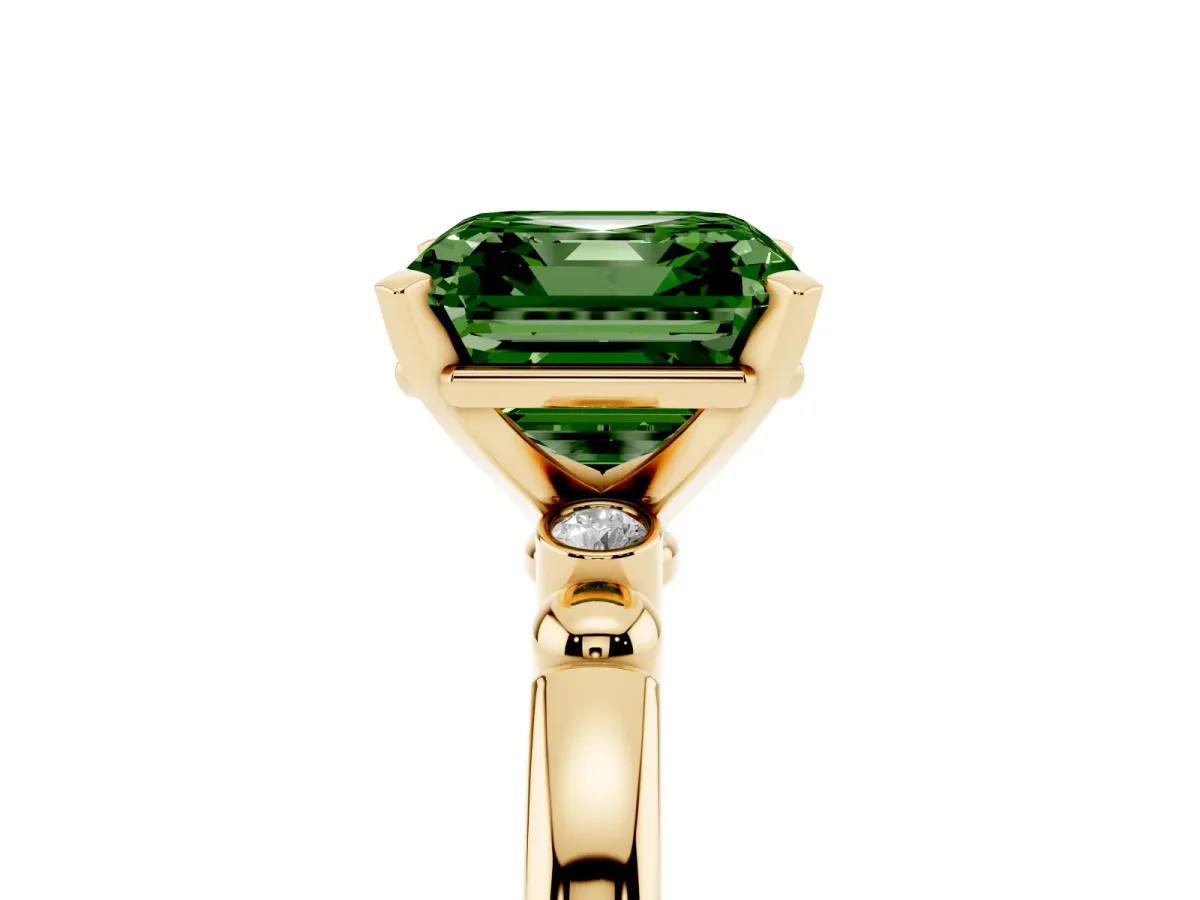 Fancy Green Asscher Cut Solitaire Beaded Band with Four-Prong Setting Yellow gold