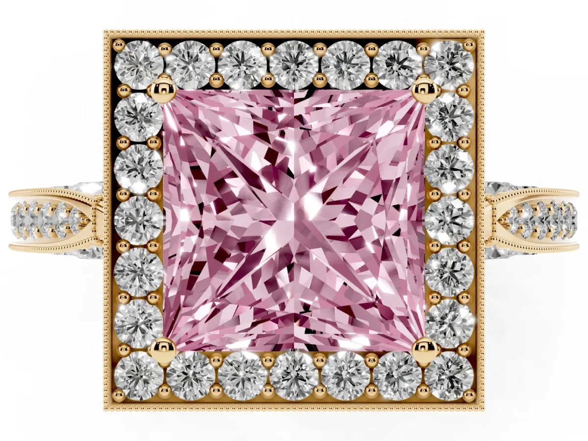 Fancy Pink Princess Cut Halo Diamond Engagement Ring with Split Shank Band and Four-Prong Setting Yellow gold