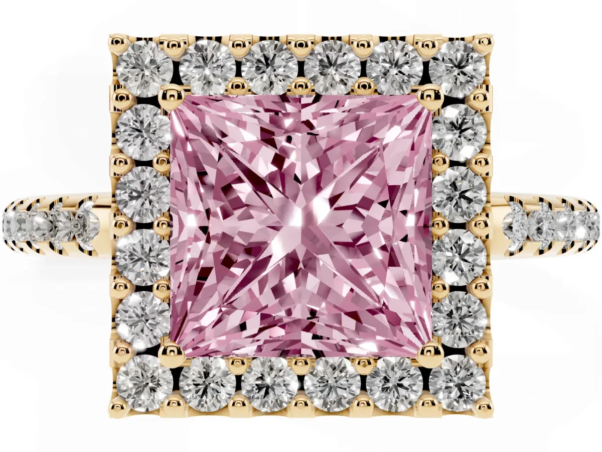Fancy Pink Princess Cut Diamond Pavé Halo Ring with Four-Prong Setting Yellow gold