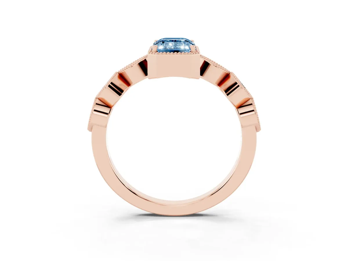 Fancy Blue Emerald Cut Diamond Vintage Milgrain Ring with Round Stations Rose gold