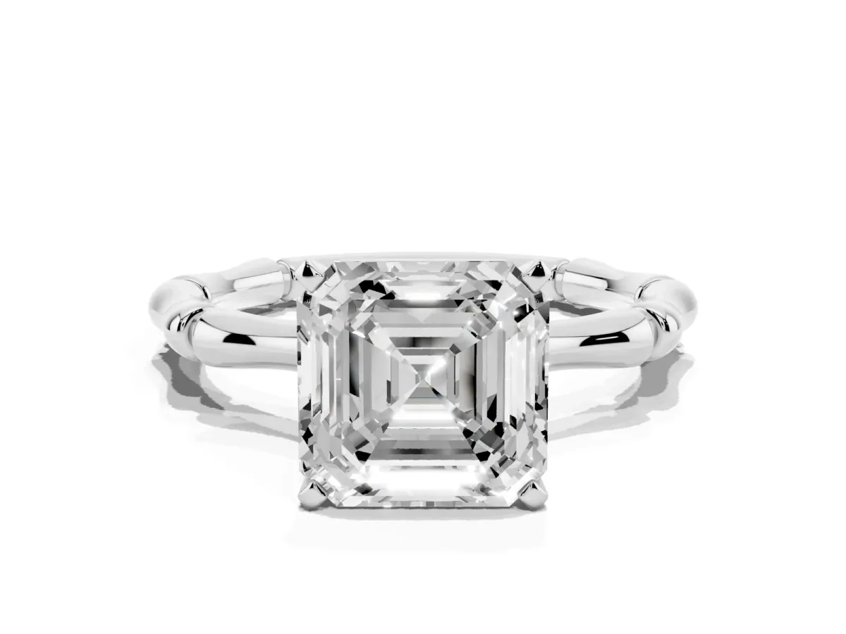 Asscher Cut Solitaire Diamond Ring with Bamboo Band and Four-Prong Setting Silver