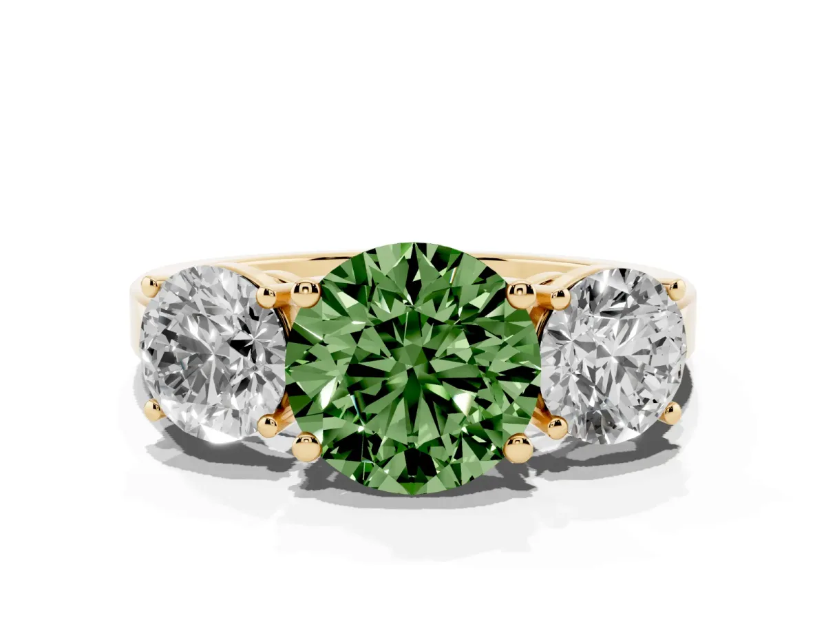 Fancy Green Three-Stone Round Cut Cut Diamond Engagement Ring with Flat Band and Four-Prong Setting Yellow gold