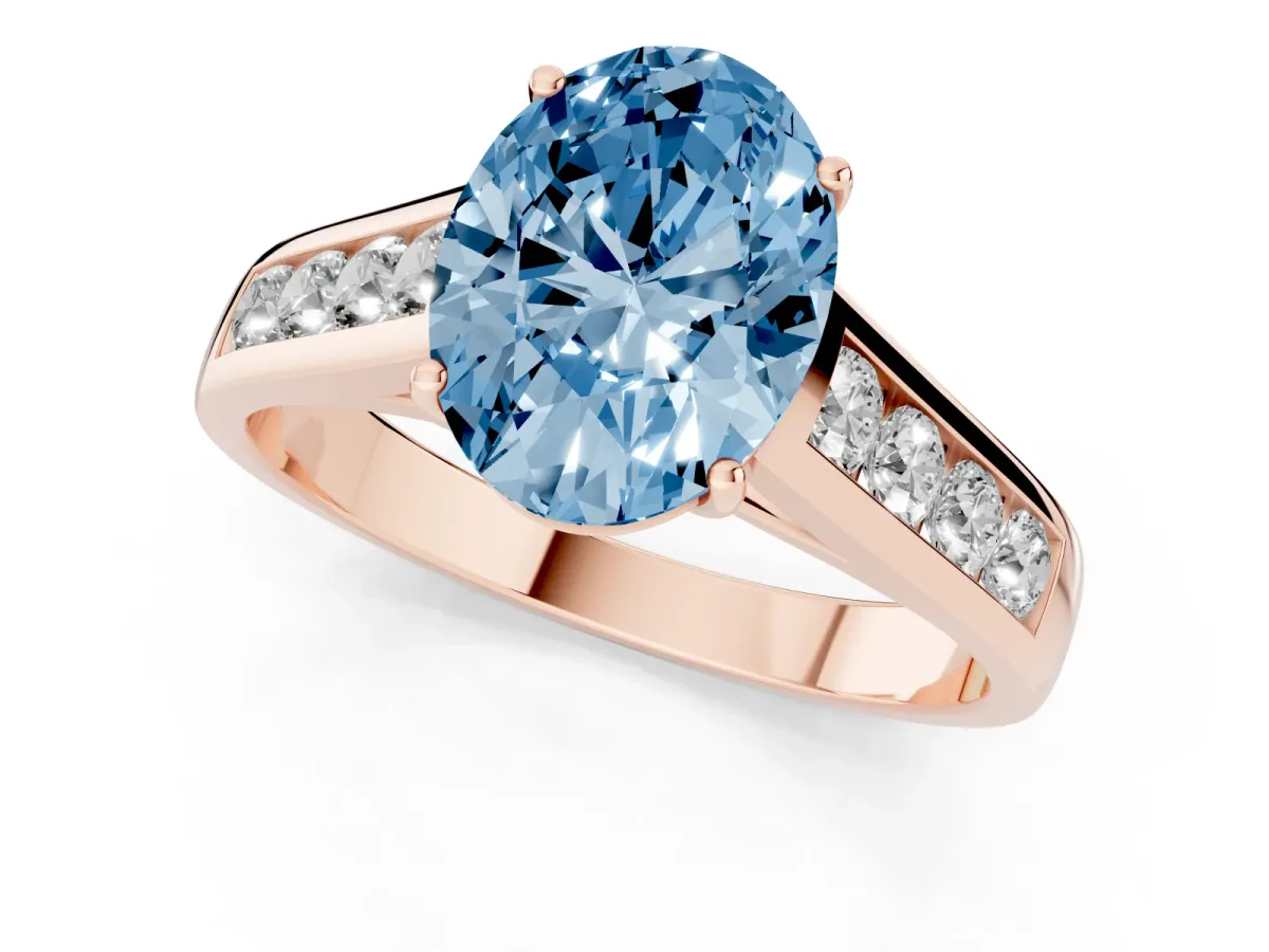 Fancy Blue Oval Cut Solitaire Channel-Set Diamond Engagement Ring with Four-Prong Setting Rose gold