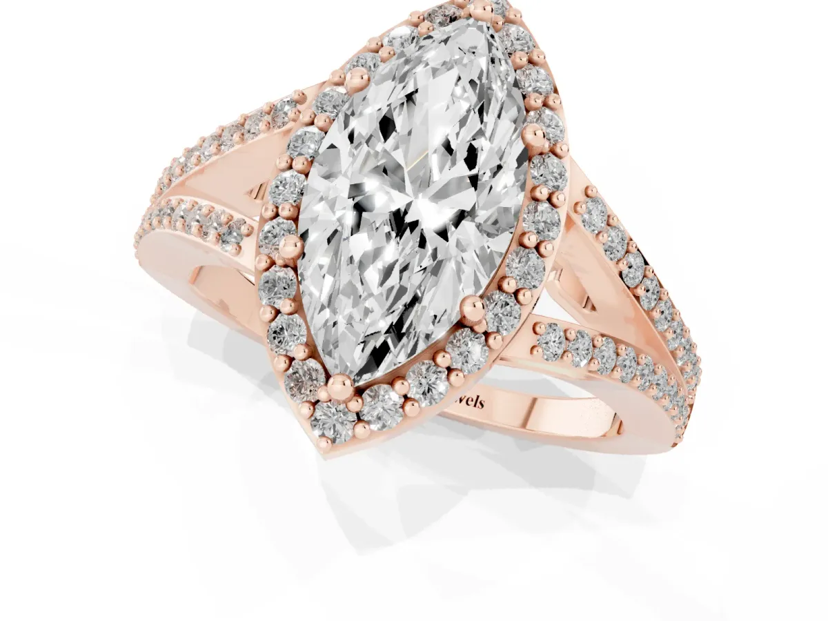 Marquise Cut Halo Split Shank Diamond Ring with Prong Setting Rose gold