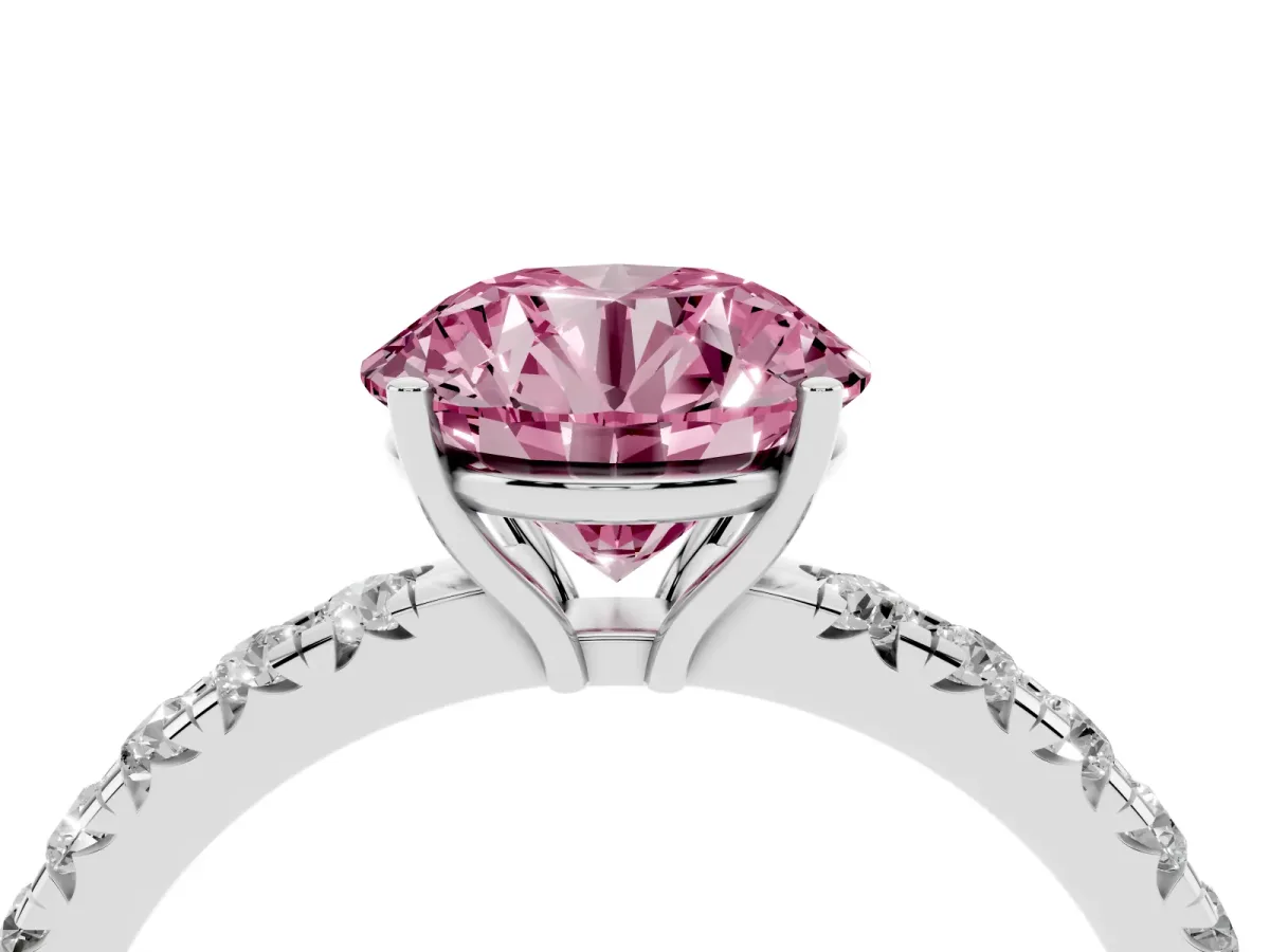 Fancy Pink Round Cut Diamond Pavé Solitaire Engagement Ring with Four-Prong Setting Platinum