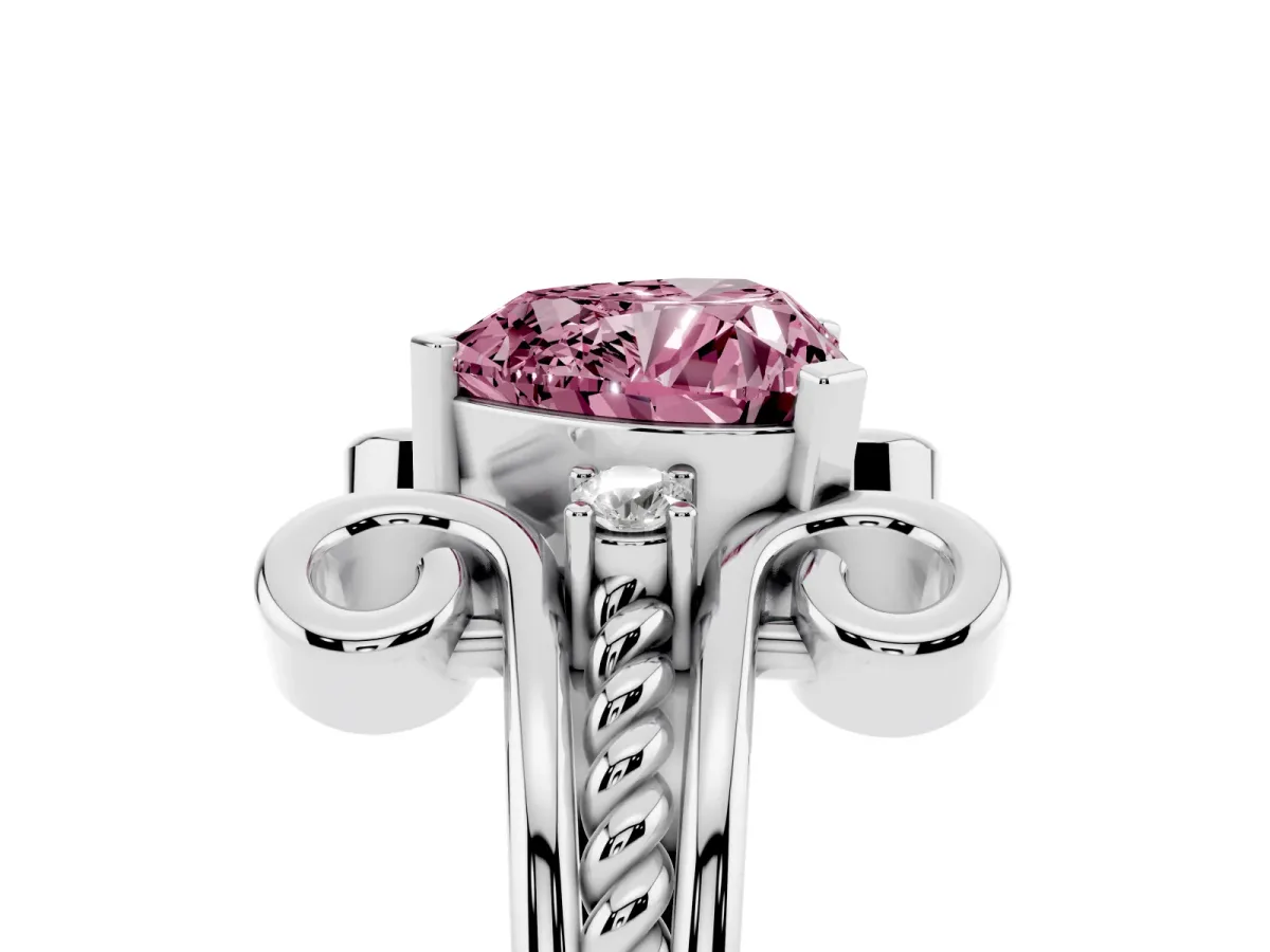 Fancy Pink Heart Cut Solitaire Twisted Band Scroll Prong Ring Silver
