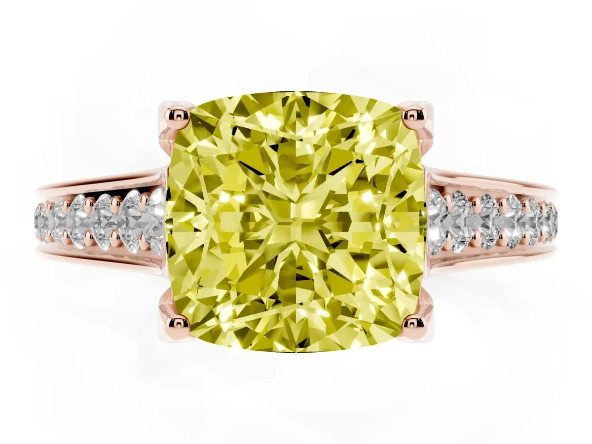 Fancy Yellow Cushion Cut Brilliant Cut Diamond Engagement Ring with Pavé Band and Four-Prong Setting Rose gold