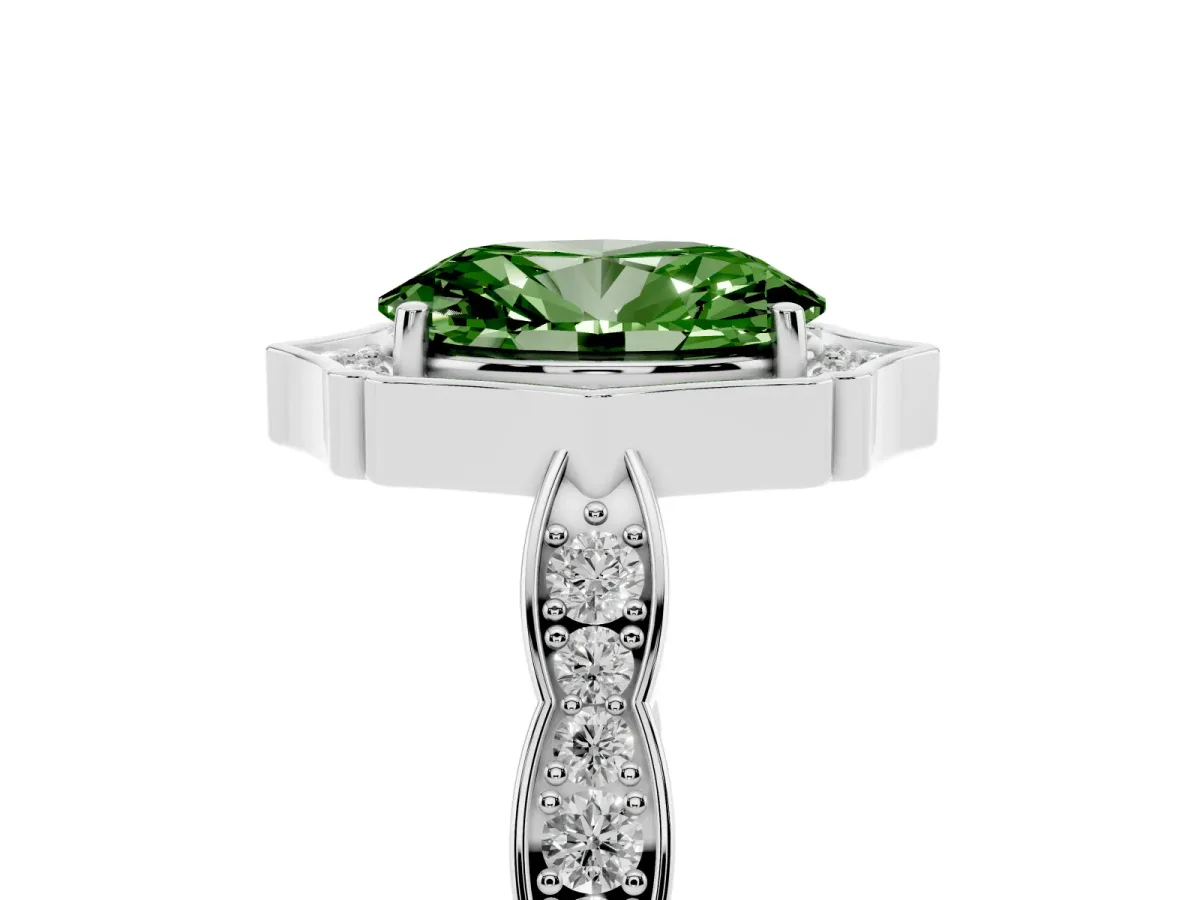Fancy Green Oval Cut Halo Diamond Engagement Ring with Milgrain Band and Four-Prong Setting Platinum