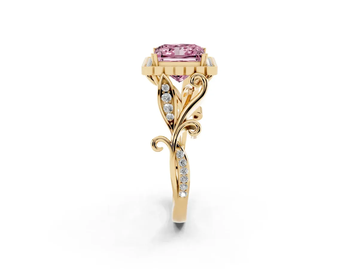 Fancy Pink Princess Cut Diamond Halo Ring with Vintage Split Shank and Four-Prong Setting Yellow gold