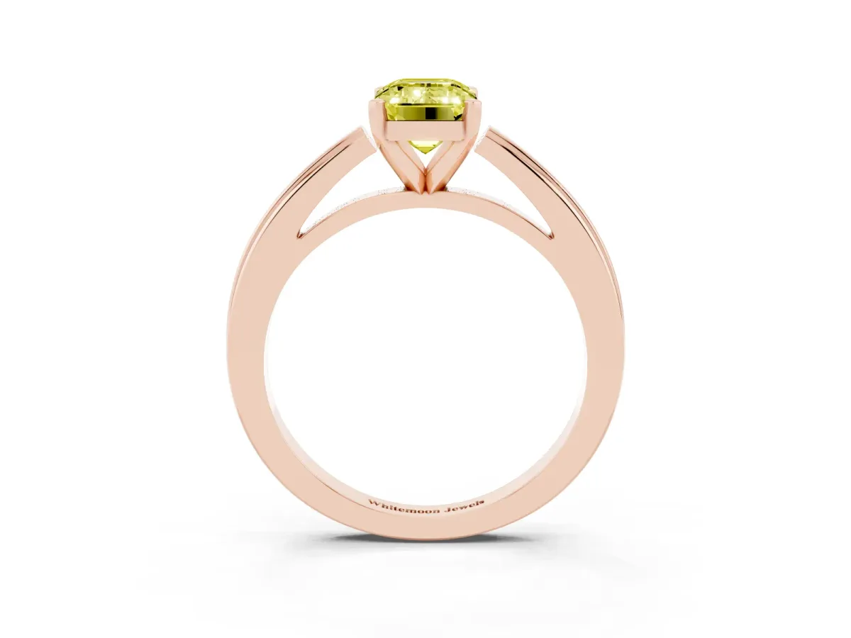 Fancy Yellow Emerald Cut Solitaire Diamond Ring with Four-Prong Setting and Classic Band Rose gold