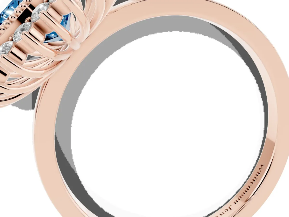 Fancy Blue Heart Cut Halo Diamond Ring with Milgrain Edge and Round Prong Setting Rose gold