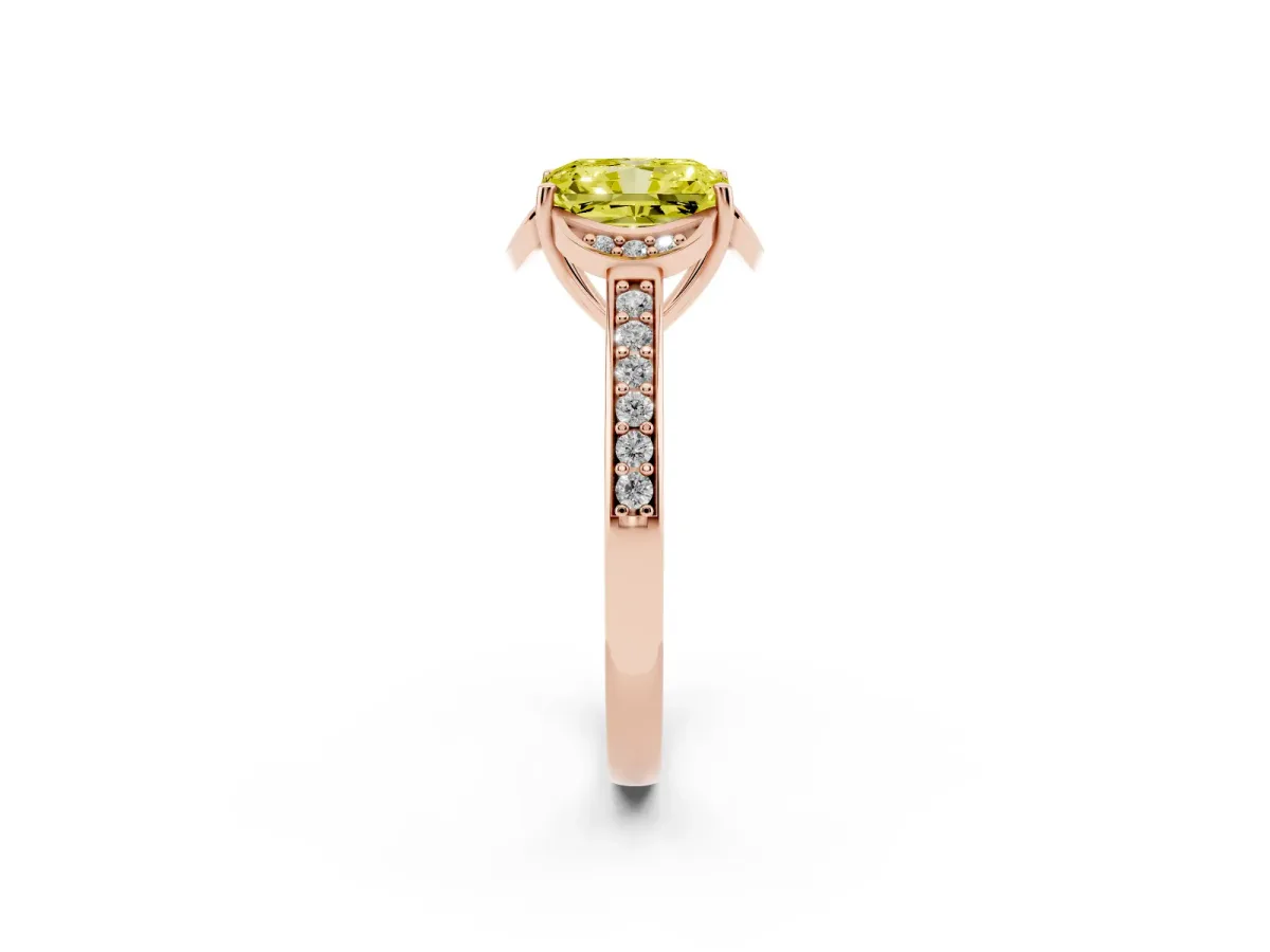 Fancy Yellow Radiant Cut Cut Halo Diamond Ring with Channel Set Band and Four-Prong Setting Rose gold