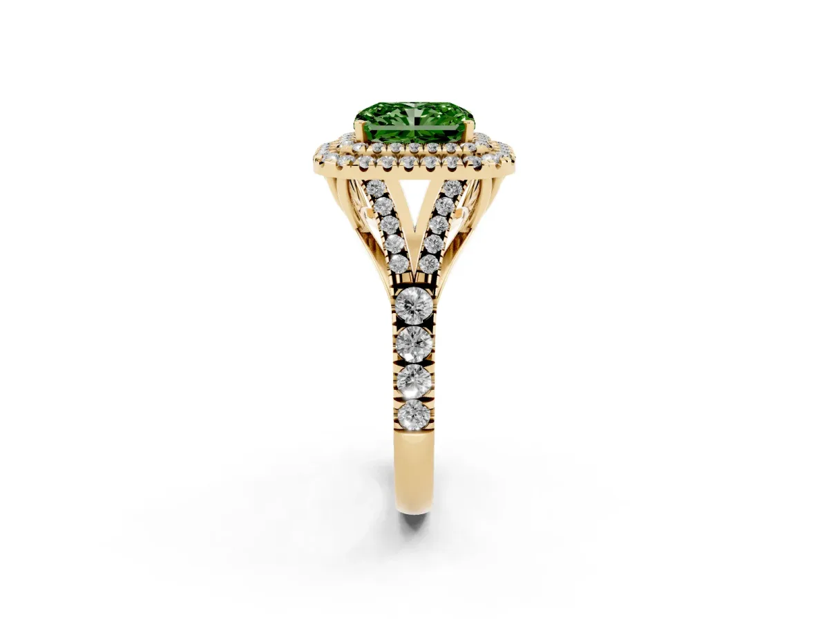 Fancy Green Radiant Cut Diamond Pavé Split Shank Double Halo Engagement Ring Yellow gold