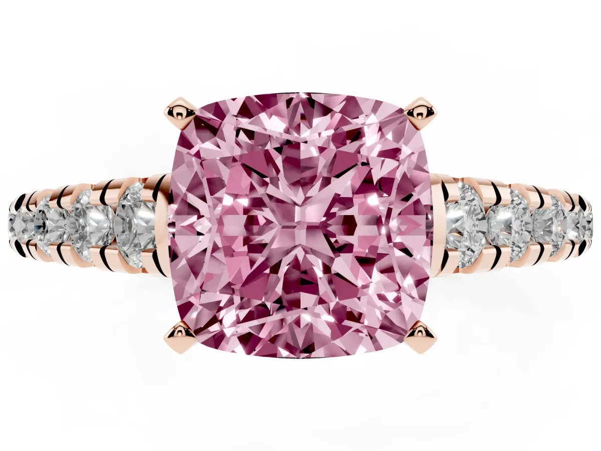 Fancy Pink Cushion Cut Diamond Cathedral Solitaire Ring with Round Pavé Band Rose gold