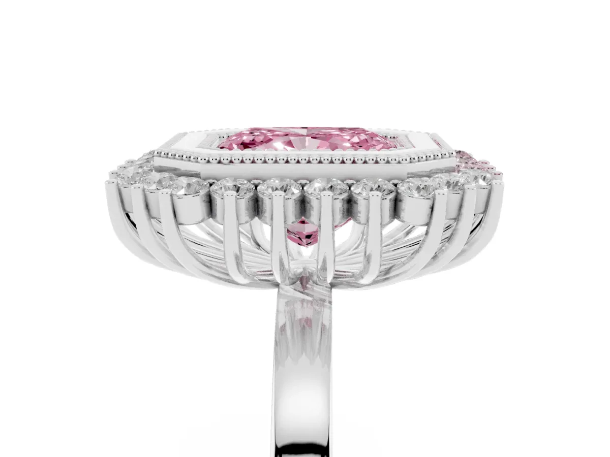 Fancy Pink Radiant Cut Halo Diamond Ring with Milgrain Edge and Round Prong Setting Silver