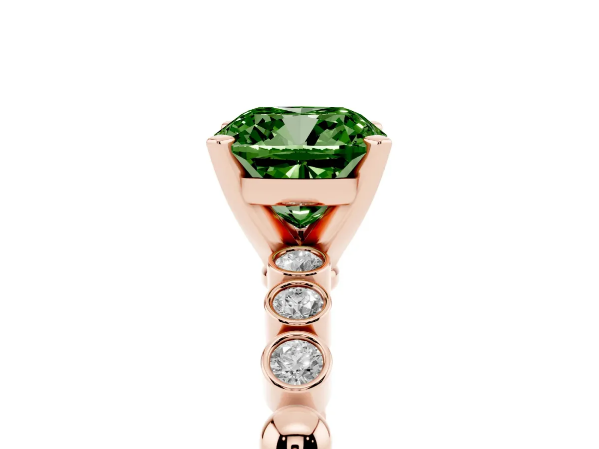 Fancy Green Cushion Cut Solitaire Bezel Accent Diamond Engagement Ring with Beaded Band and Four-Prong Setting Rose gold