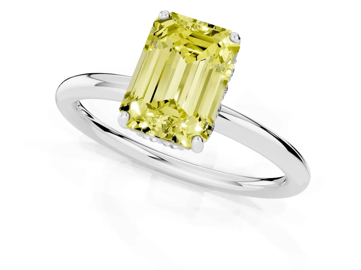Fancy Yellow Emerald Cut Solitaire Diamond Ring with a Classic Band and Four-Prong Setting Silver
