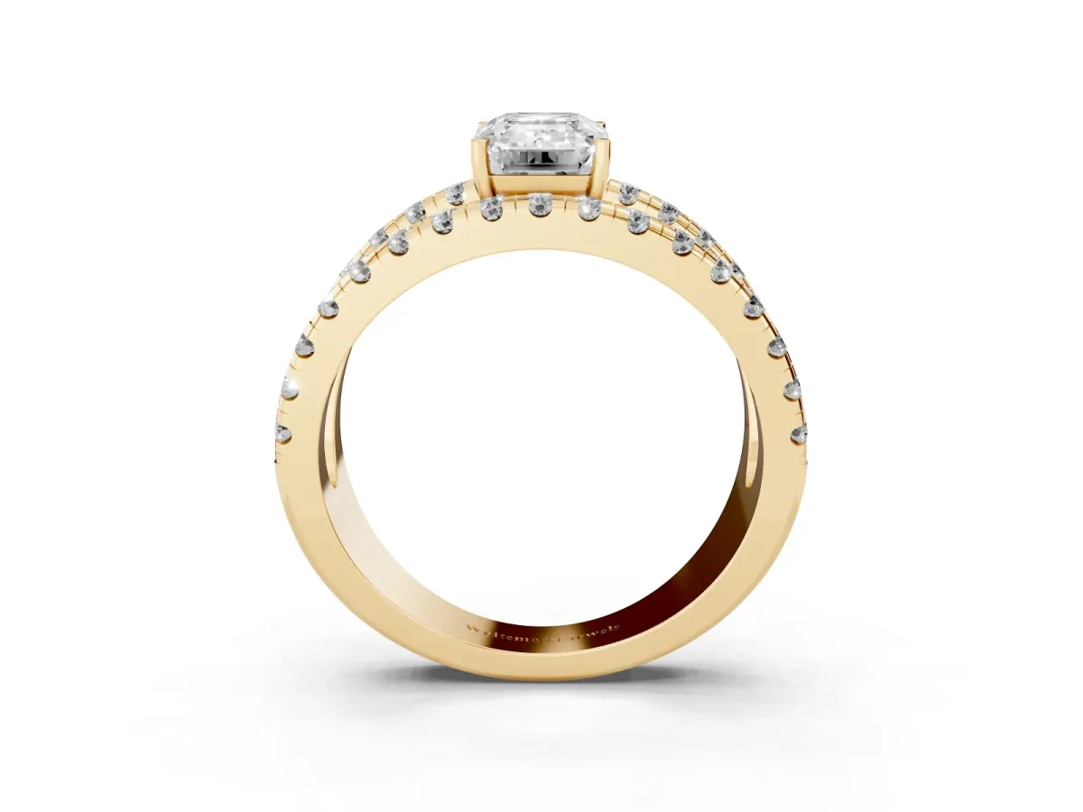 Emerald Cut Solitaire Split Shank Pave Diamond Ring Yellow gold