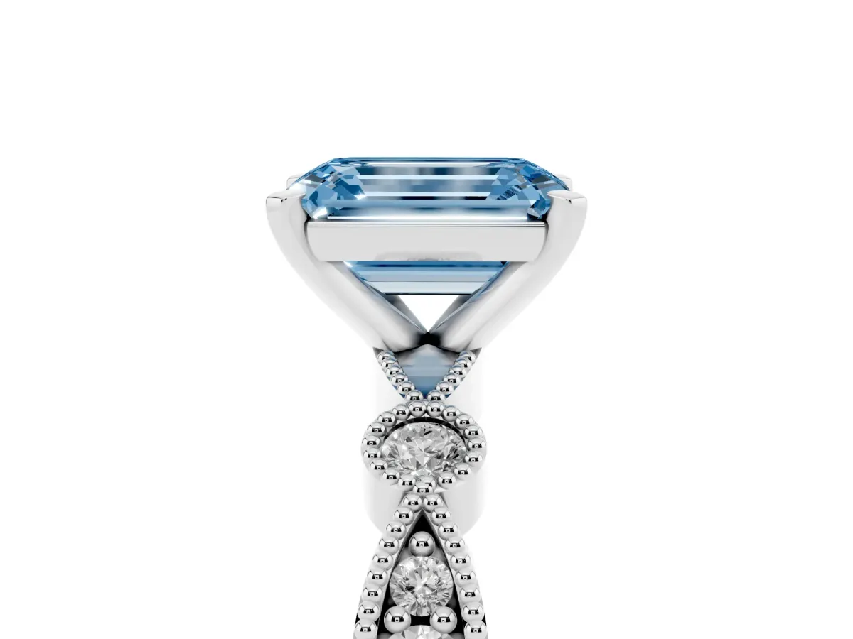 Fancy Blue Emerald Cut Milgrain Bezel Diamond Engagement Ring with Solitaire Prong Setting Silver