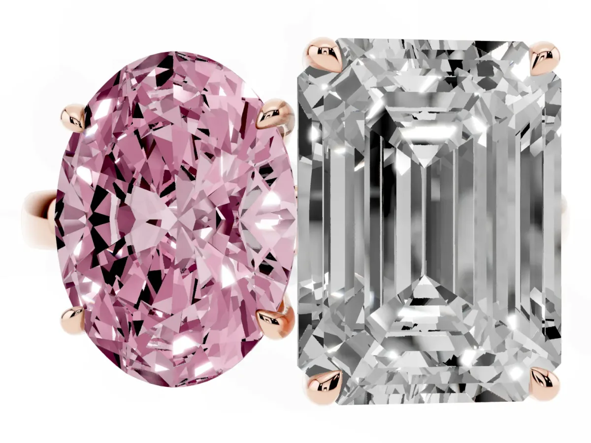 Fancy Pink Oval Cut and Emerald Cut Toi Moi Ring with Prong Setting Rose gold