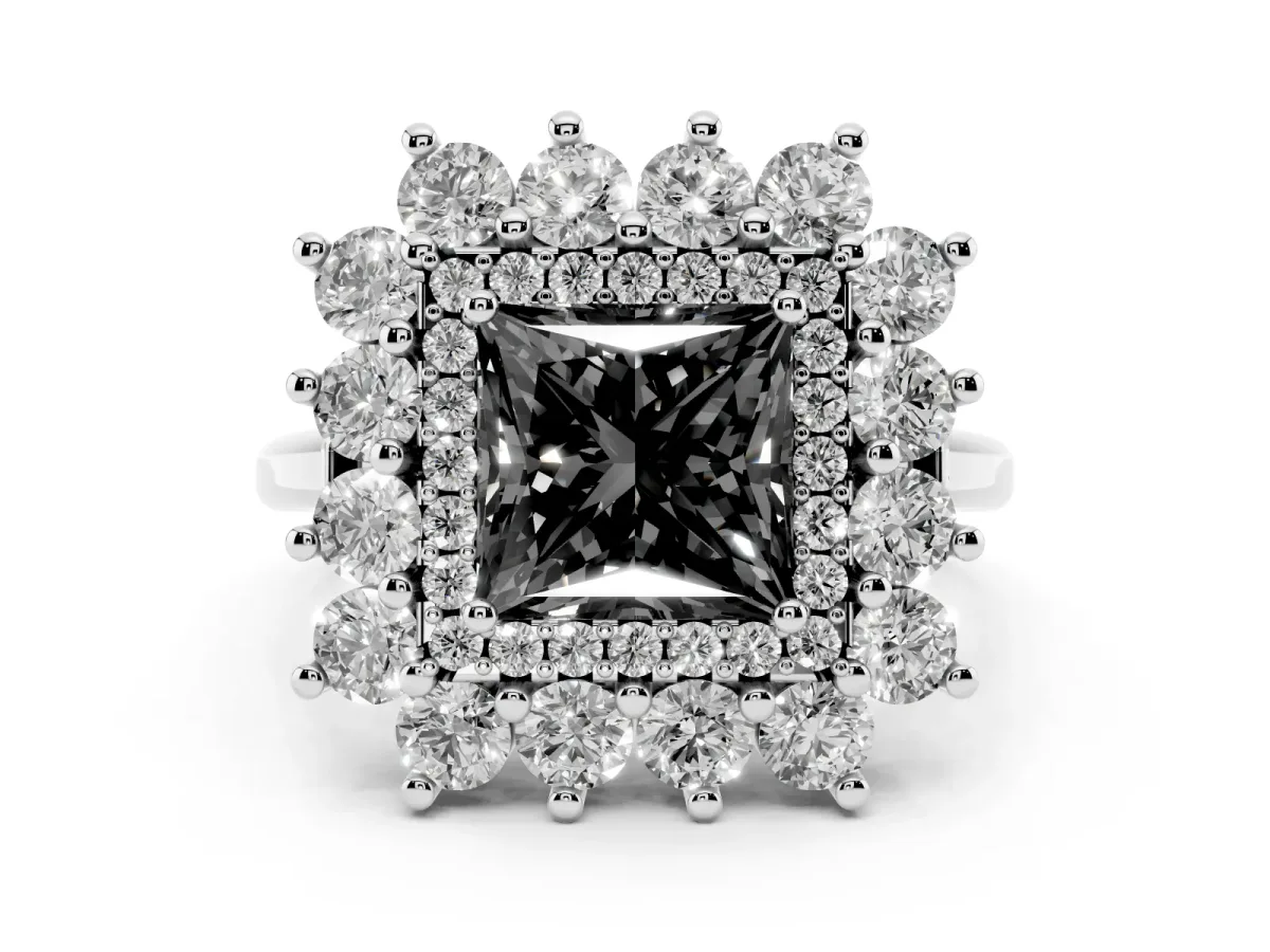 Fancy Black Princess Cut Diamond Floral Double Halo Engagement Ring with Prong Setting Silver
