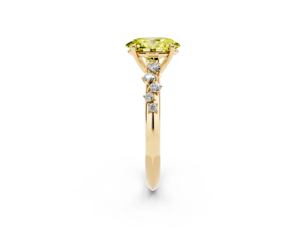 Fancy Yellow Oval Cut Diamond Cluster Side Stone Solitaire Ring with Prong Setting Yellow gold