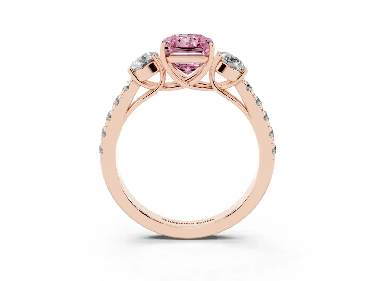 Fancy Pink Radiant Cut Cut Diamond Three-Stone Ring with Round Side Stones and Pavé Band Rose gold