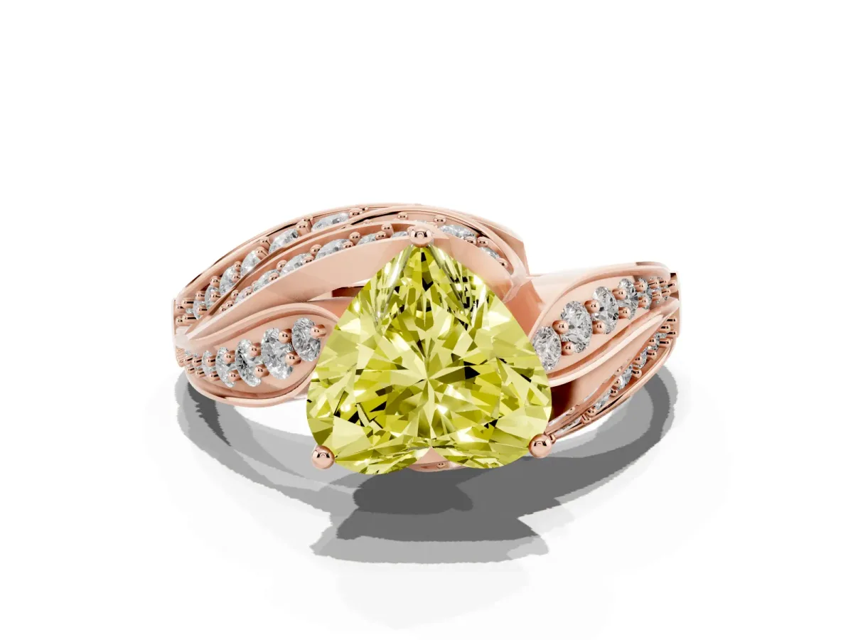 Fancy Yellow Heart Cut Diamond Solitaire Ring with Prong Setting and Twisted Pavé Band Rose gold