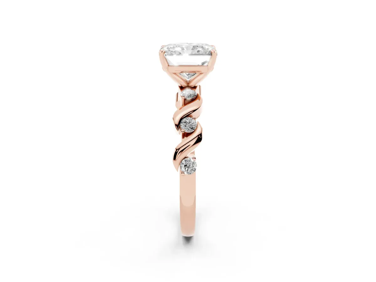 Radiant Cut Diamond Solitaire Twisted Band with Round Accents and Prong Setting Rose gold