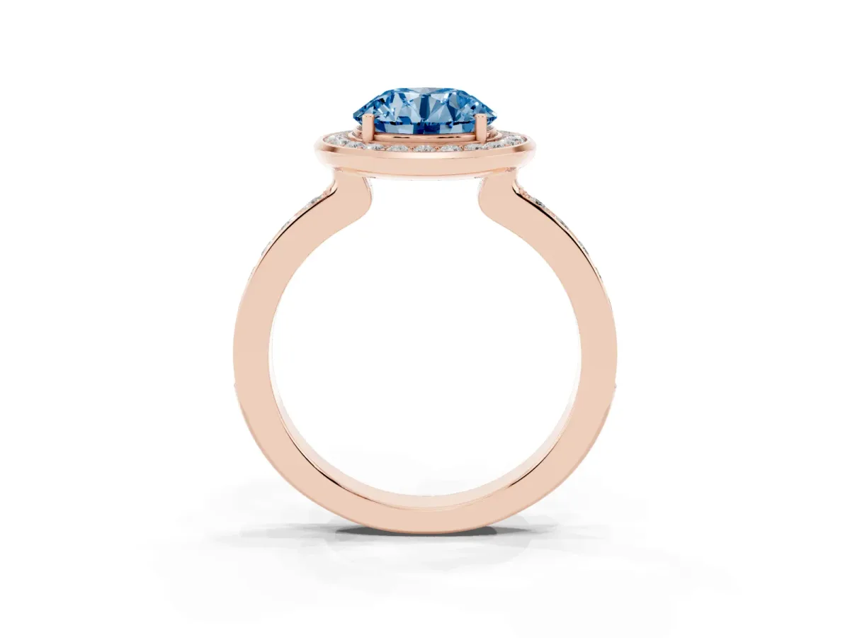 Fancy Blue Round Cut Diamond Halo Ring with Bezel Frame and Pavé Band Rose gold