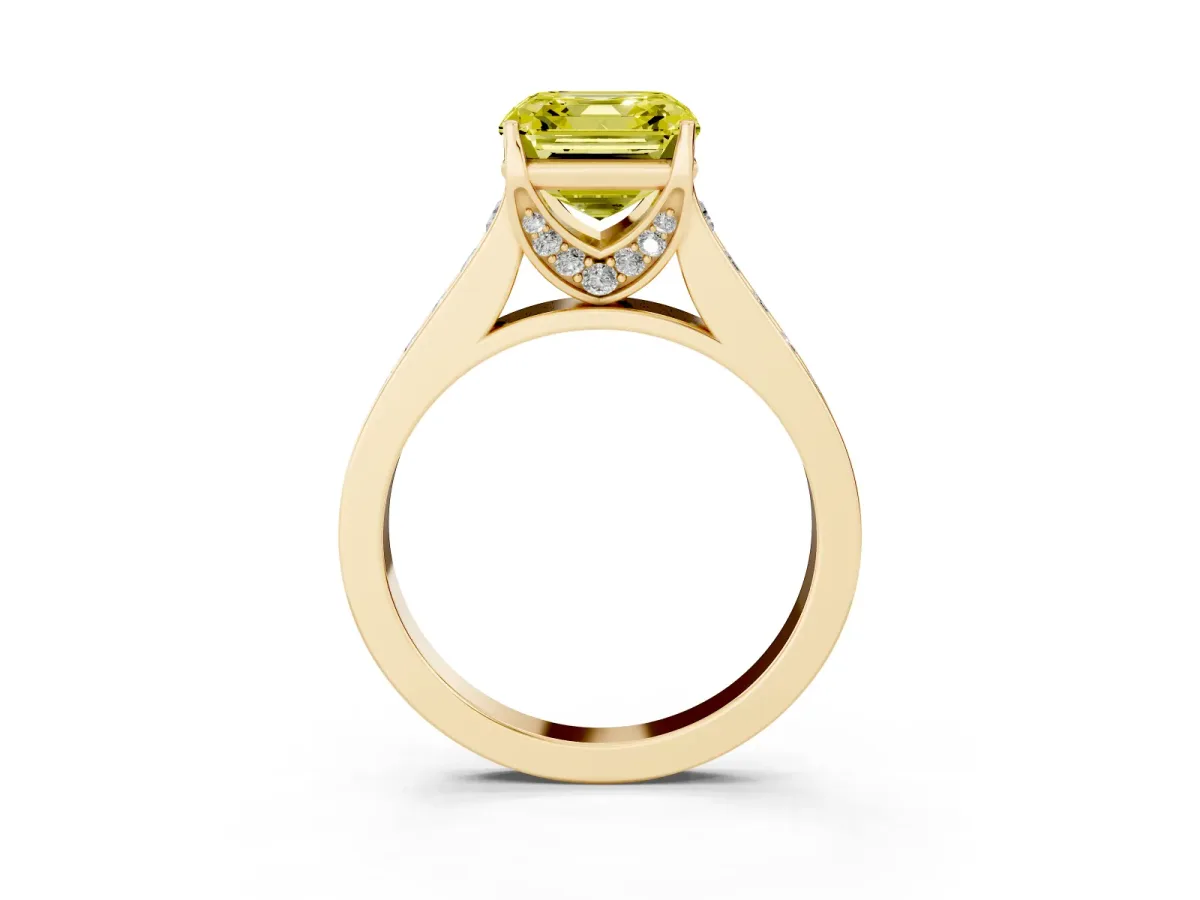 Fancy Yellow Asscher Cut Brilliant Cut Diamond Engagement Ring with Pavé Band and Four-Prong Setting Yellow gold