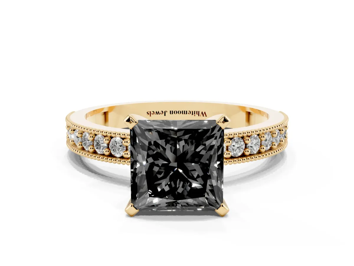 Fancy Black Princess Cut Diamond Milgrain Pavé Engagement Ring with Four-Prong Setting Yellow gold
