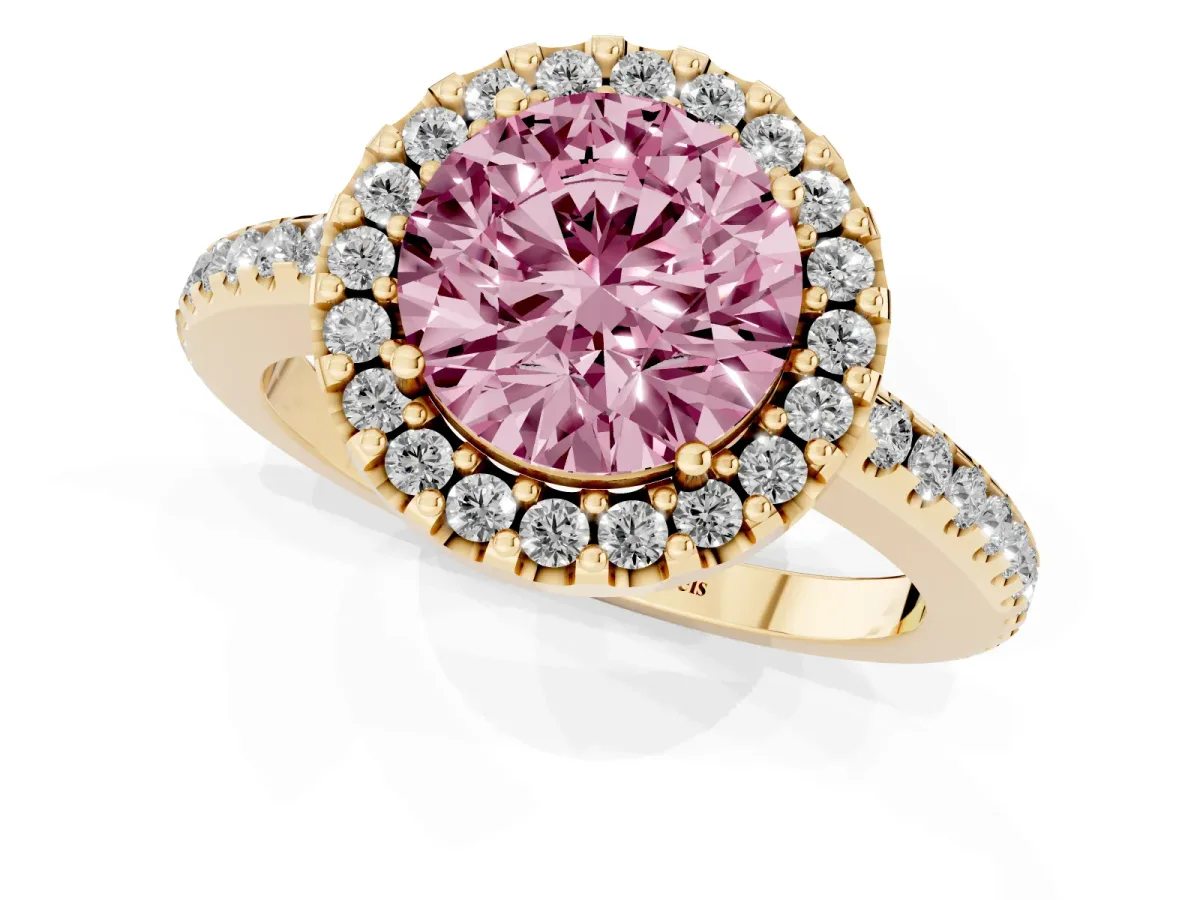 Fancy Pink Round Cut Diamond Pavé Halo Ring with Four-Prong Setting Yellow gold