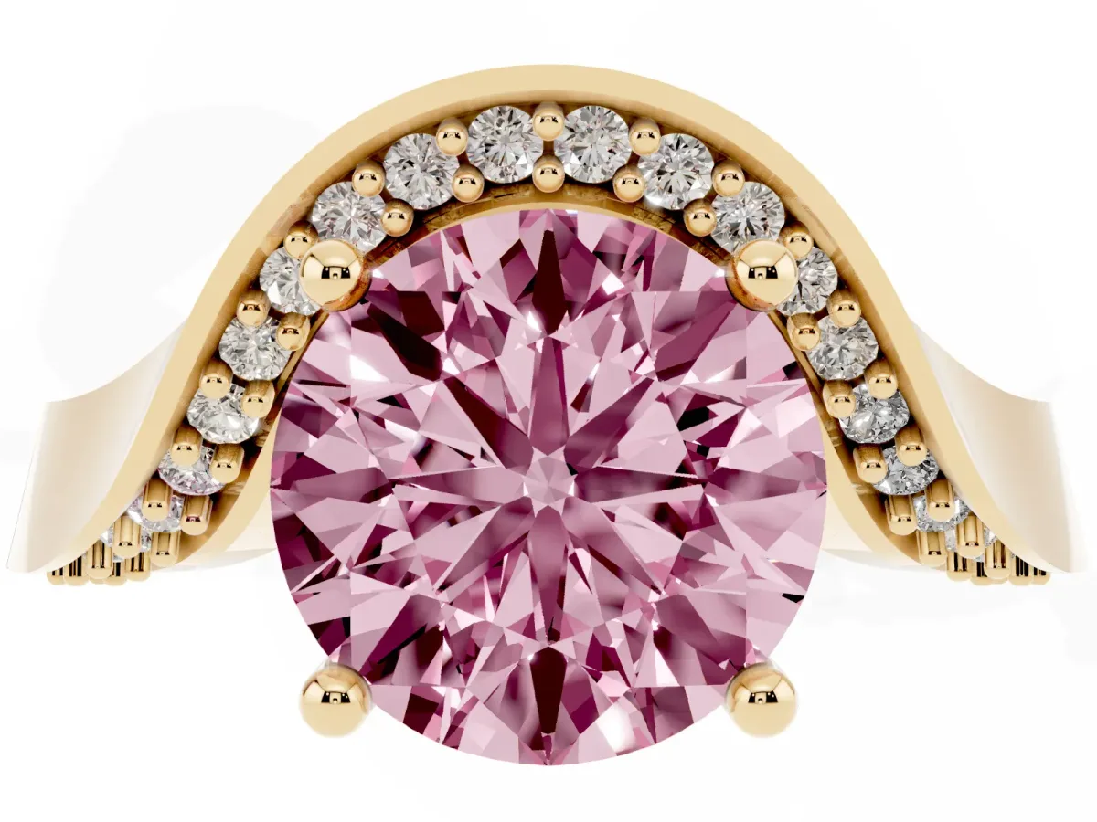 Fancy Pink Round Cut Solitaire Diamond Engagement Ring with Pave Band and Four-Prong Setting Yellow gold