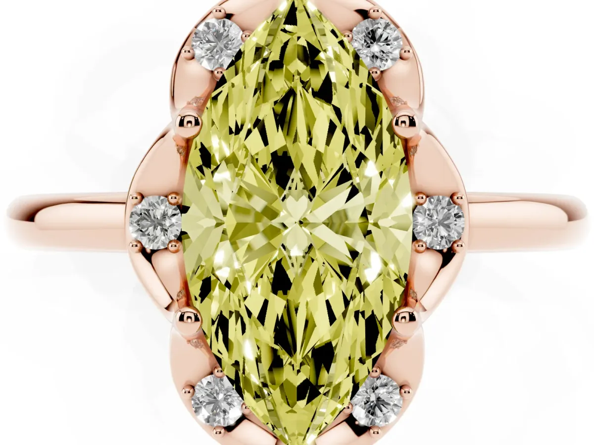 Fancy Yellow Marquise Cut Halo Diamond Ring with Round Cluster Setting, Solitaire Band, and Four-Prong Setting Rose gold