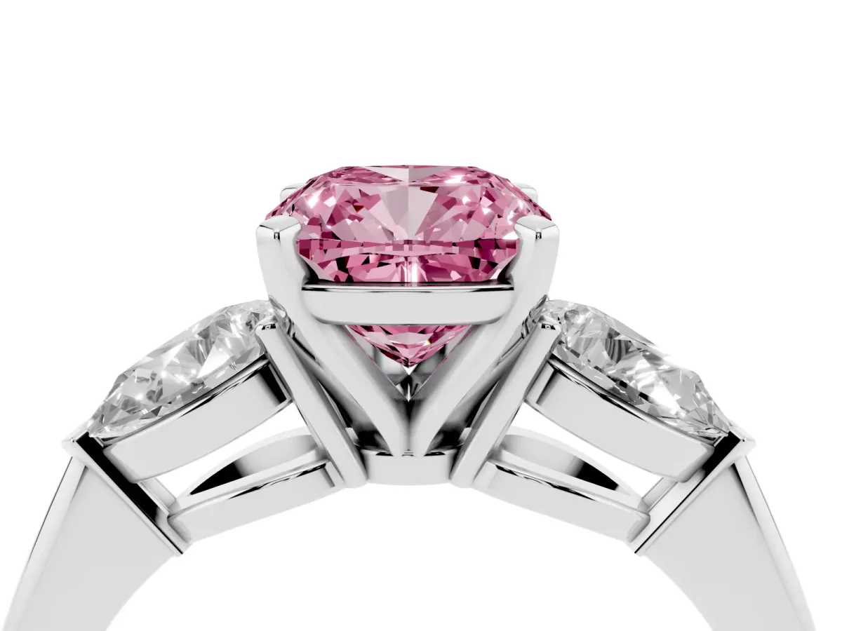 Fancy Pink Three-Stone Cushion Cut Diamond Ring with Pear Side Stones and Four-Prong Setting Silver