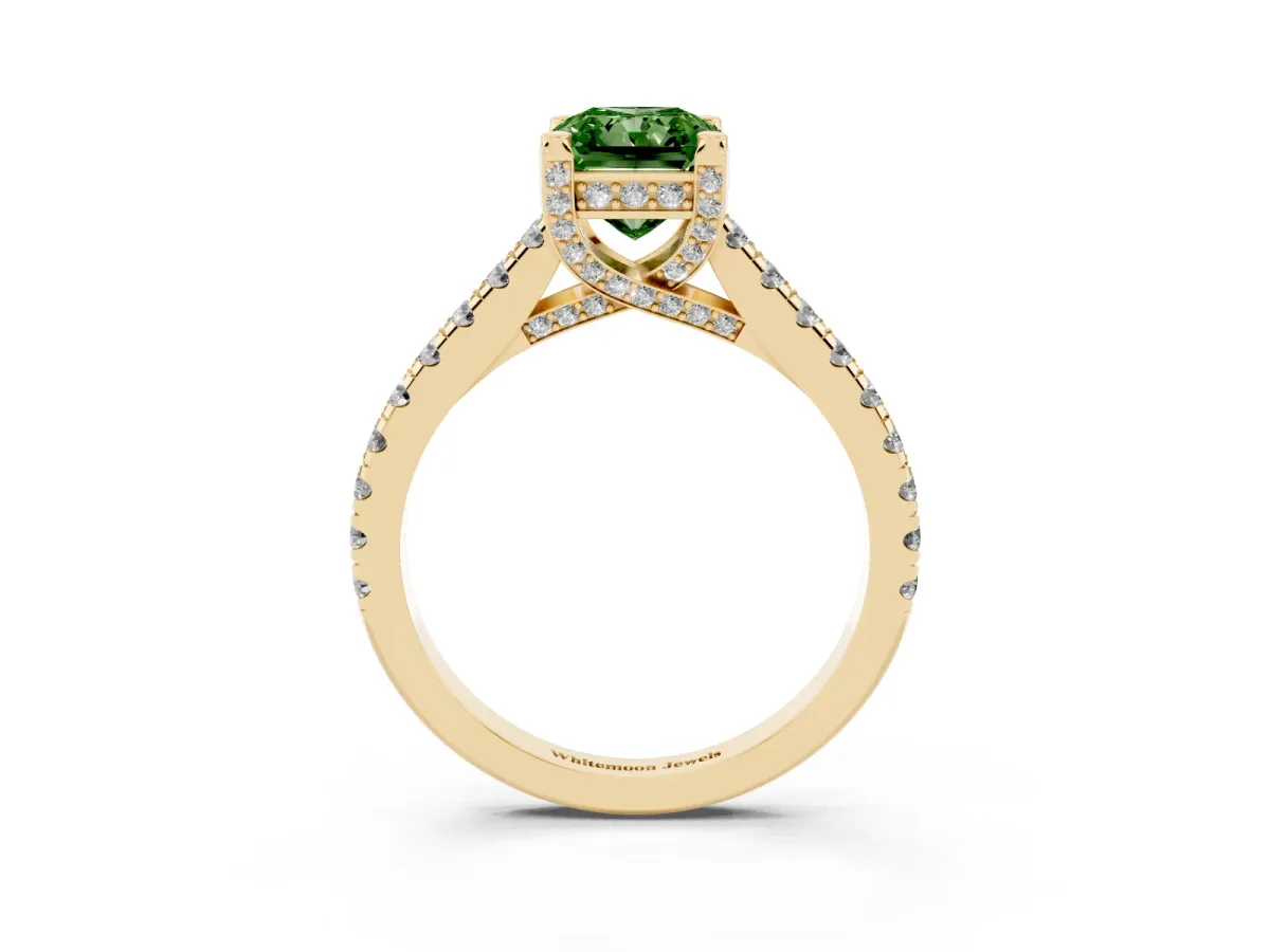 Fancy Green Radiant Cut Brilliant Diamond Solitaire with Pavé Band and Four-Prong Setting Yellow gold