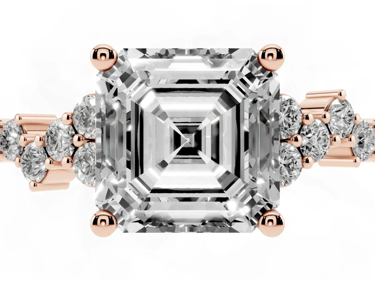 Asscher Cut Diamond Scattered Round Accent Ring with Prong Setting Rose gold