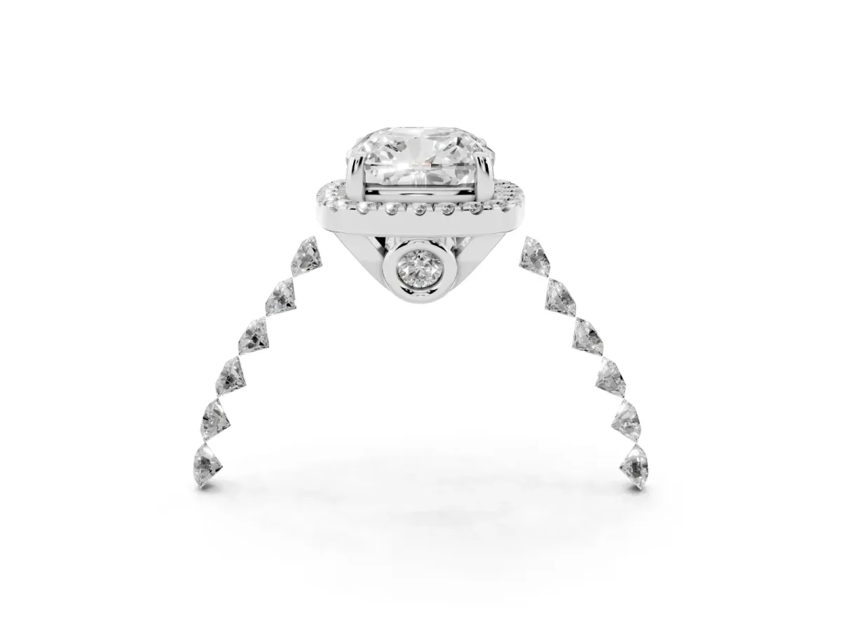 Cushion Cut Halo Pavé Diamond Engagement Ring with Four-Prong Setting Silver
