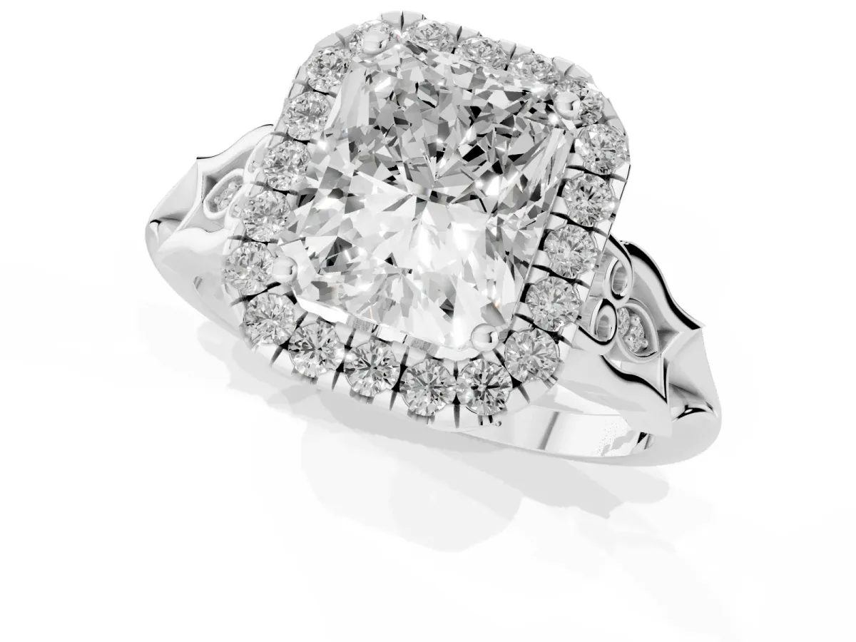 Radiant Cut Halo Diamond Engagement Ring with Filigree Band and Four-Prong Setting Silver