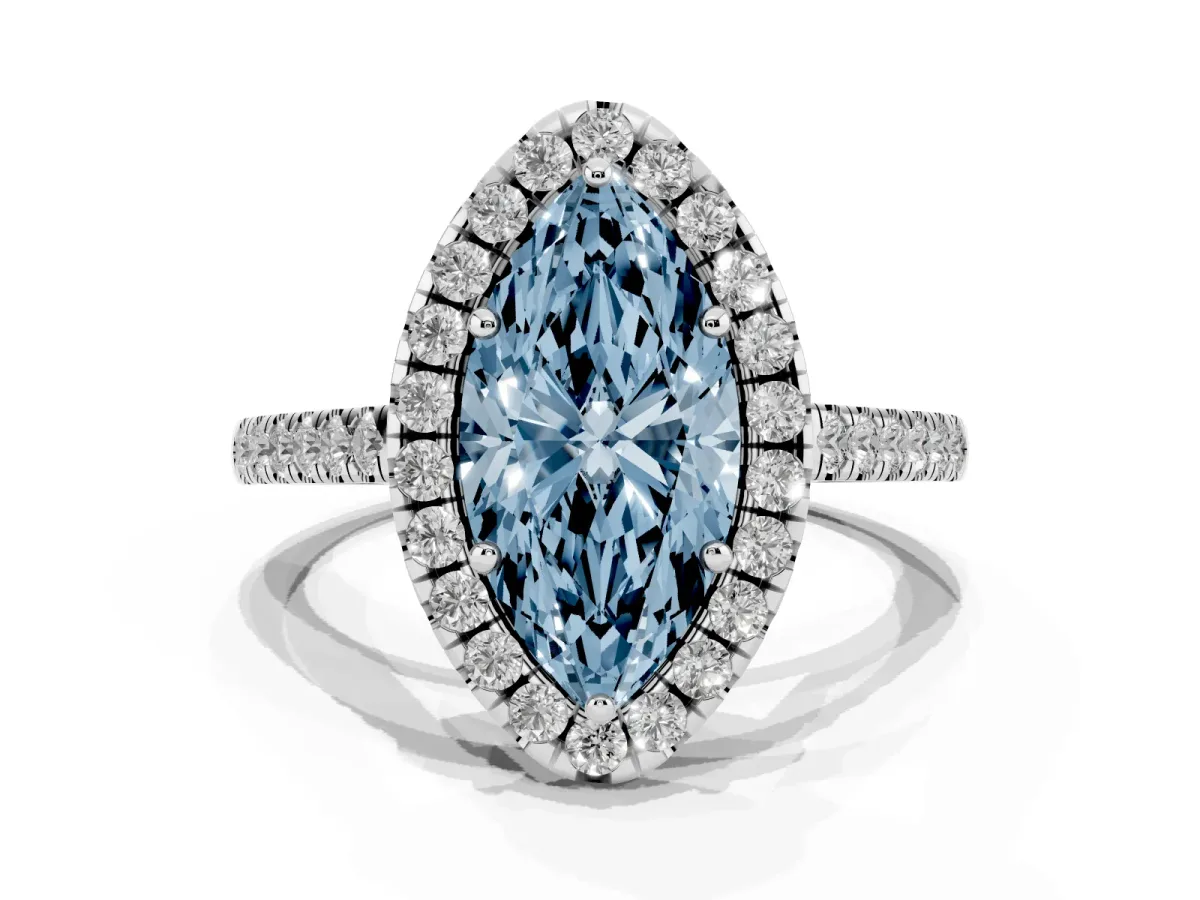 Fancy Blue Marquise Cut Halo Pavé Diamond Engagement Ring with Four-Prong Setting Platinum