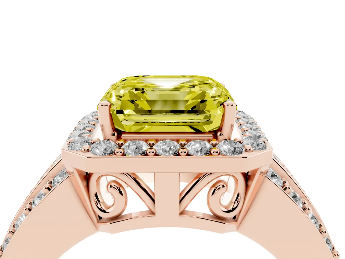 Fancy Yellow Asscher Cut Halo Diamond Ring with Round Split Shank and Prong Setting Rose gold