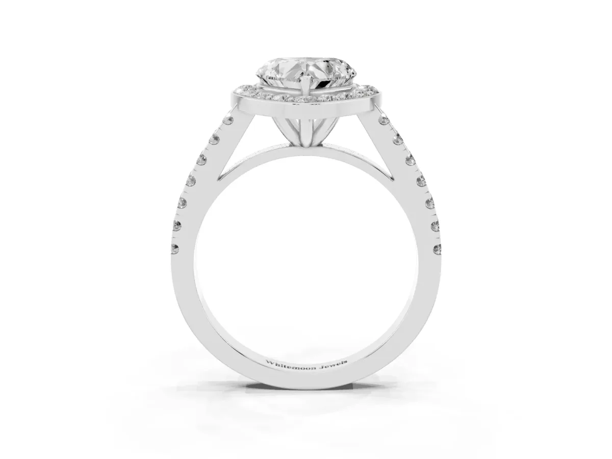 Heart Cut Diamond Halo Ring with Round Pavé Split Shank and Prong Setting Silver