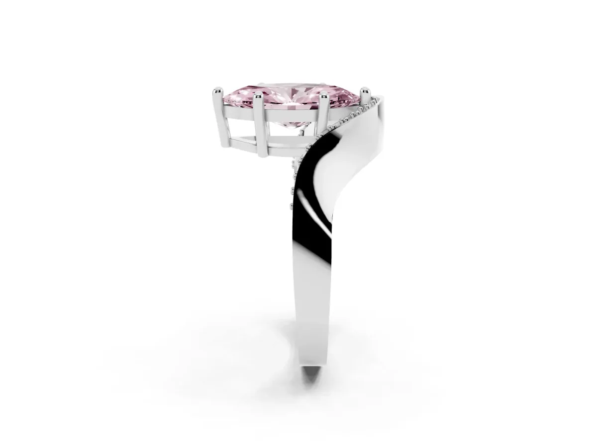 Fancy Pink Marquise Cut Solitaire Diamond Engagement Ring with Pave Band and Four-Prong Setting White gold