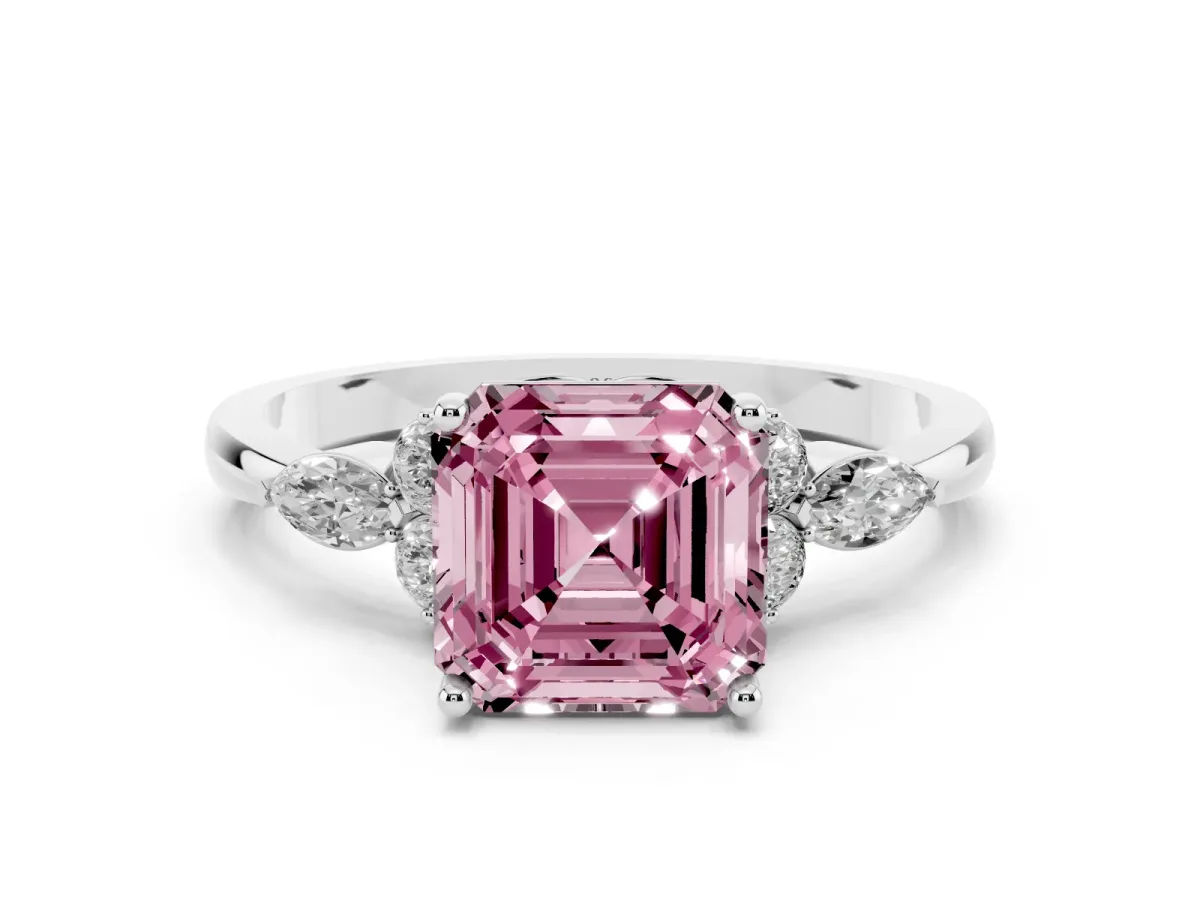 Fancy Pink Asscher Cut Brilliant Diamond Solitaire Ring with Pear Side Stones and Four-Prong Setting Platinum