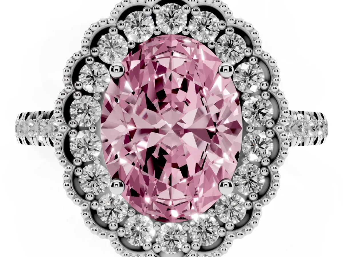 Fancy Pink Oval Cut Cut Diamond Milgrain Floral Halo Engagement Ring with Pavé Band Silver