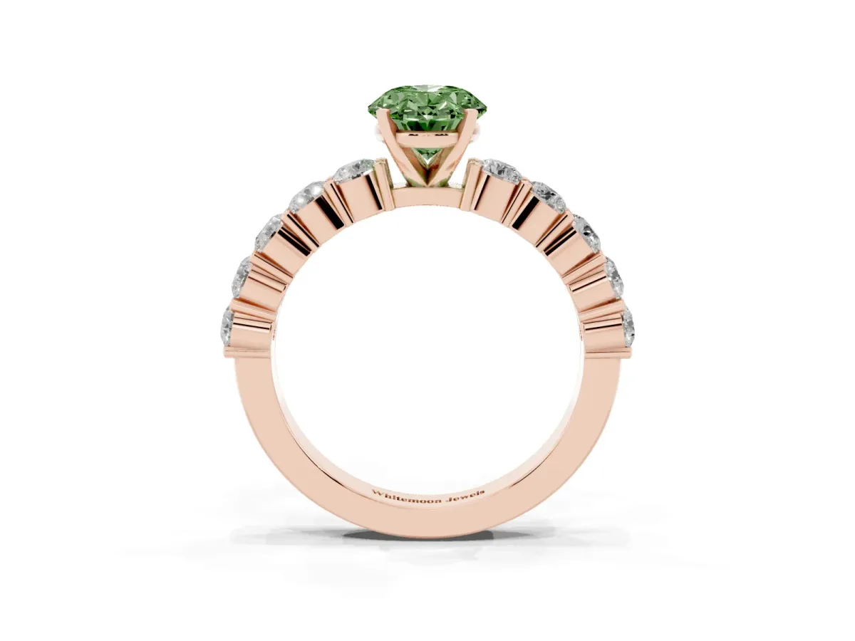Fancy Green Oval Cut Diamond Solitaire Ring with Shared Prong Round Side Stones Rose gold