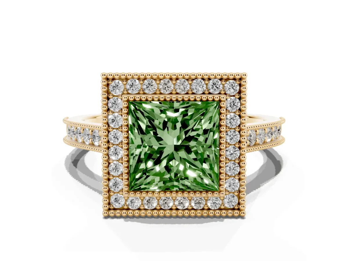Fancy Green Halo Princess Cut-Cut Diamond Pave Band Milgrain Prong Setting Ring Yellow gold